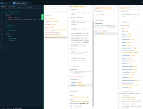 A screenshot of a GraphQL Playground instance showing the schema documentation for the Master Provider Index API