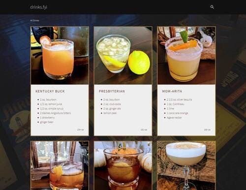 A screenshot of the drinks.fyi home page displaying a list of cocktails