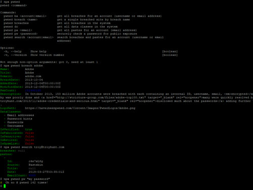 A screenshot of a terminal displaying output from a pwned command